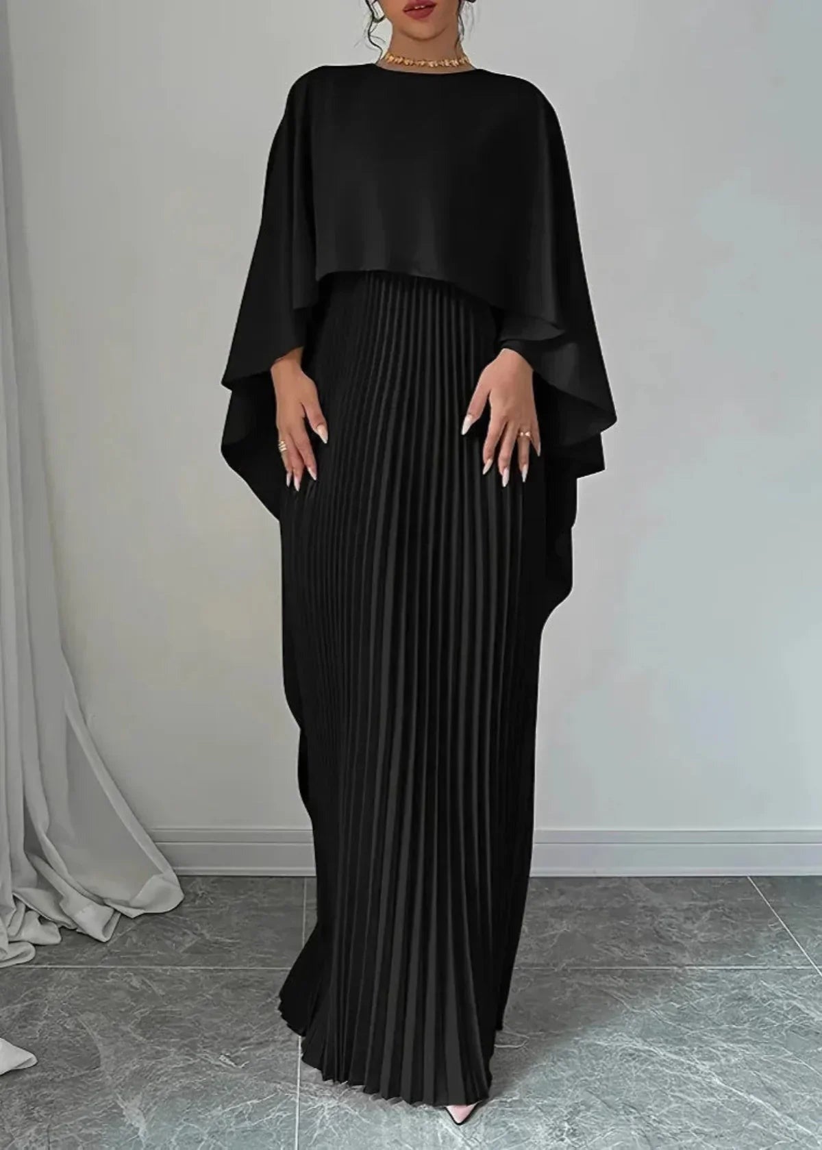 Pleated Cape Maxi Dress - Black