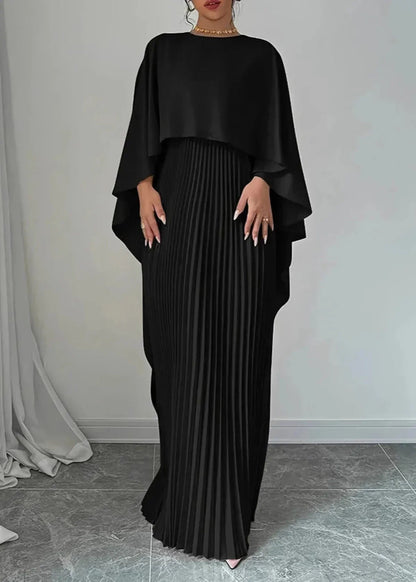 Pleated Cape Maxi Dress - Black