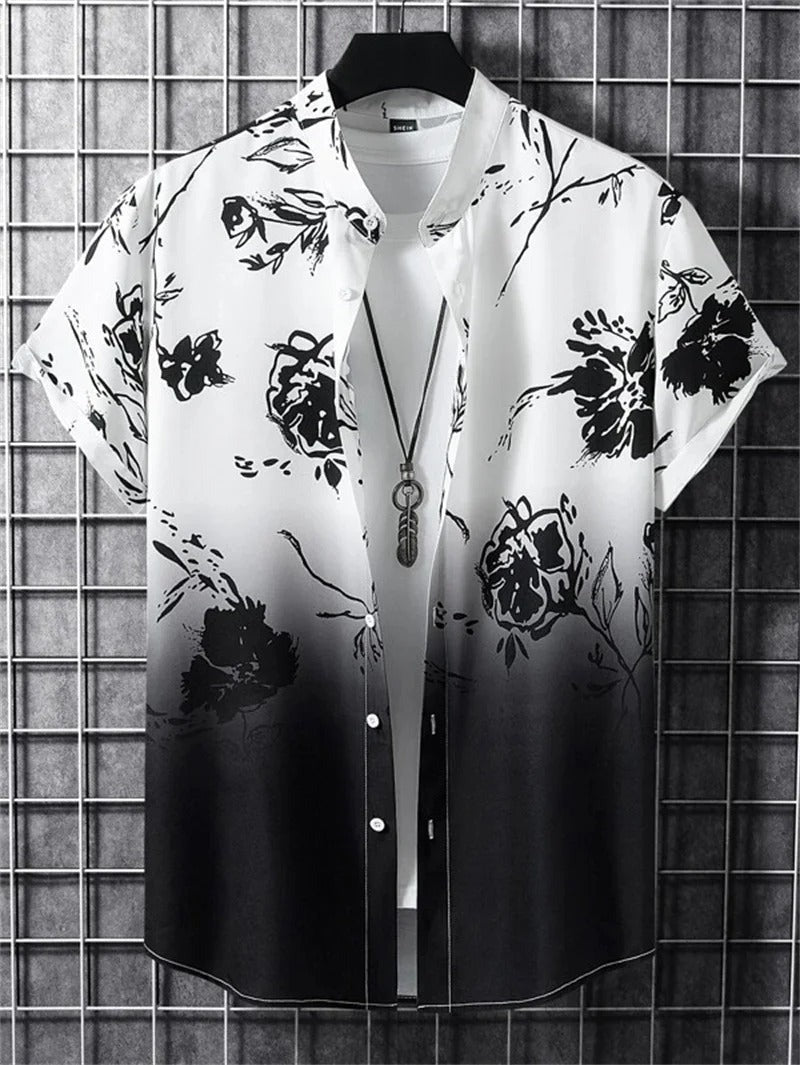 Floral Hawaiian Beach Shirt - Black/White