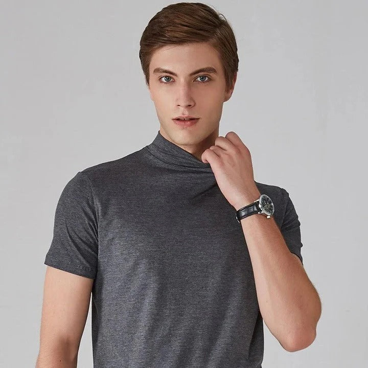 Mock Neck Short Sleeve Tee - Heather Gray