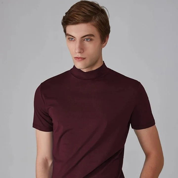Mock Neck Short Sleeve Tee - Burgundy