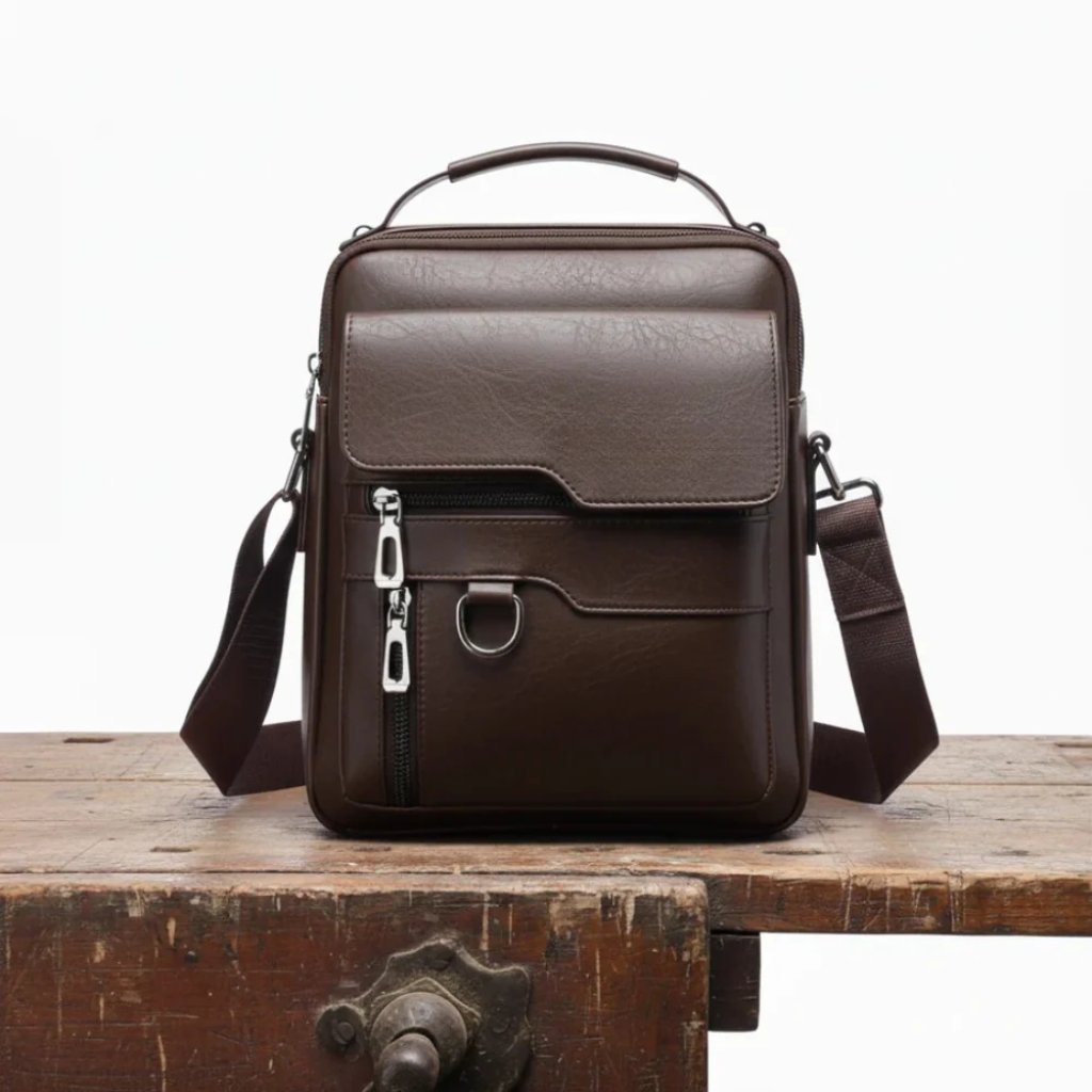 Men's Leather Crossbody Bag - Dark Brown