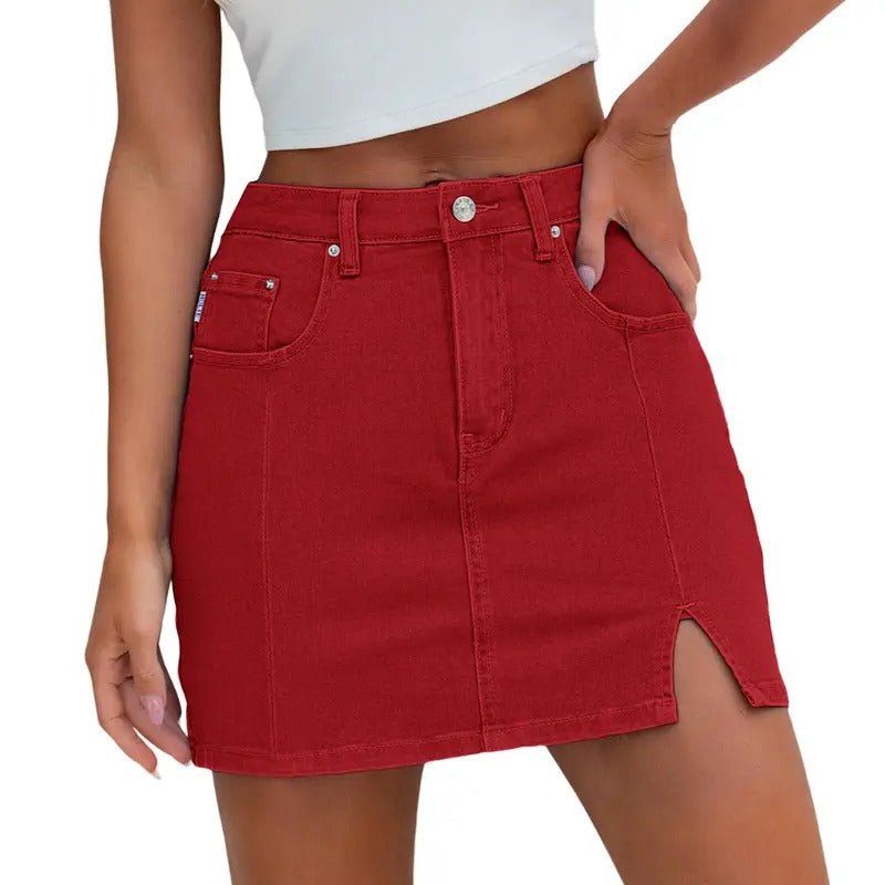 Women's High-Waisted Denim Skirt - Red