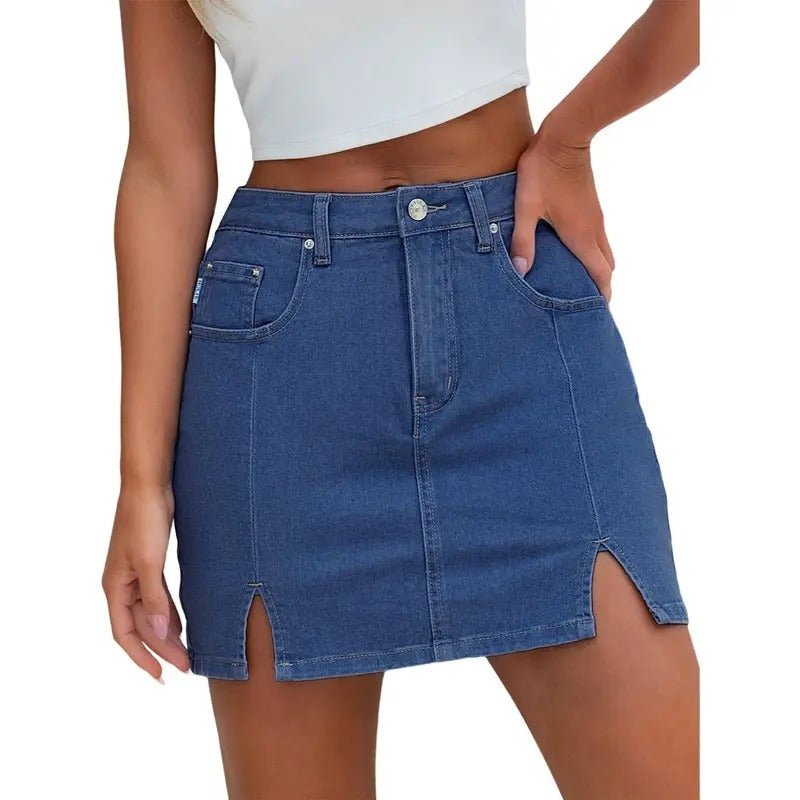 Women's High-Waisted Denim Skirt - Medium blue double slit