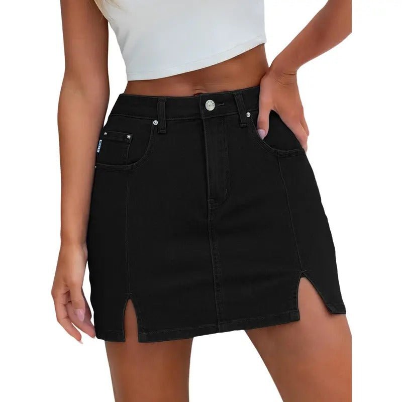 Women's High-Waisted Denim Skirt - Black double slit