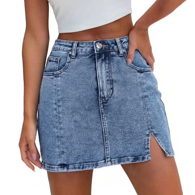 Women's High-Waisted Denim Skirt - Washed Blue
