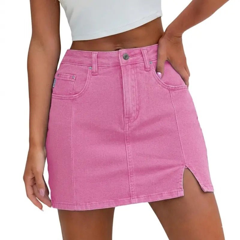 Women's High-Waisted Denim Skirt - Pink