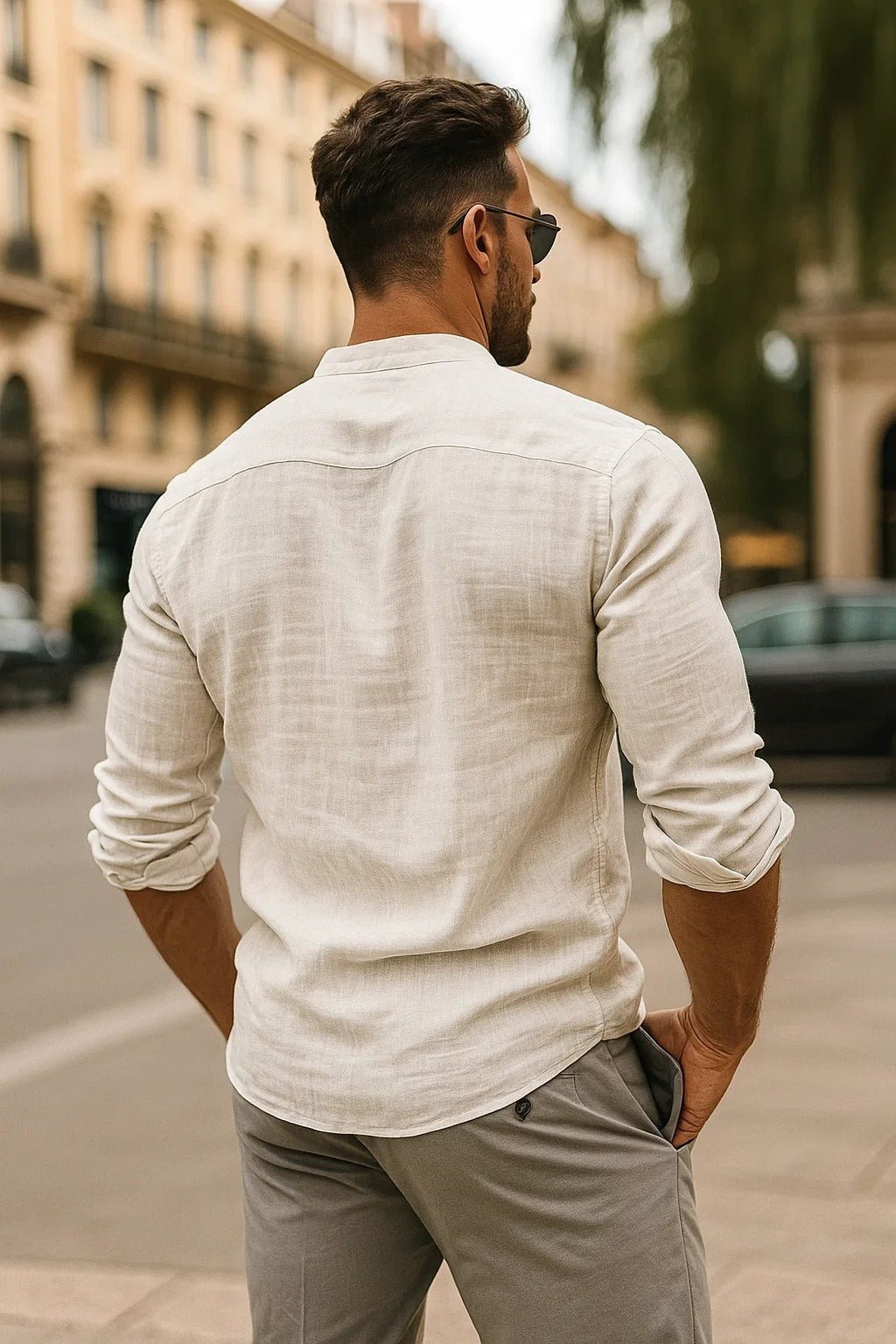 Men's Linen Band-Collar Slim-Fit Shirt