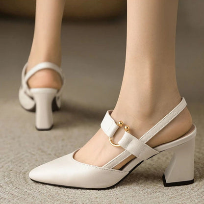 Slingback Block Heel Pumps - Beige
