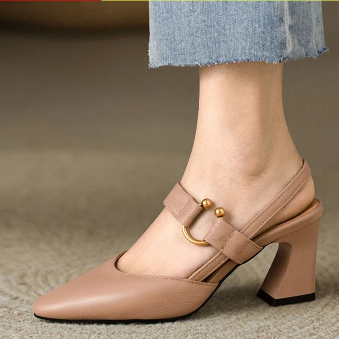 Slingback Block Heel Pumps - Apricot