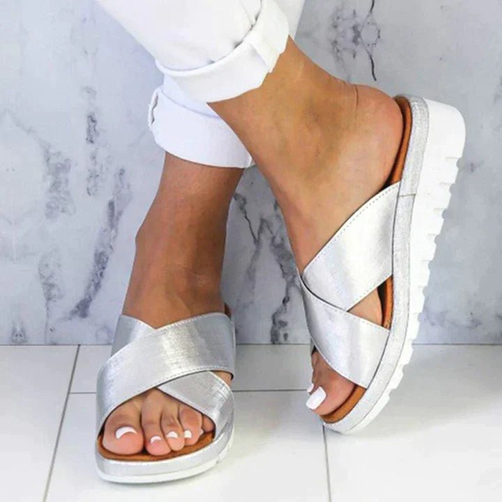 Women's Faux Leather Platform Sandals - Silver