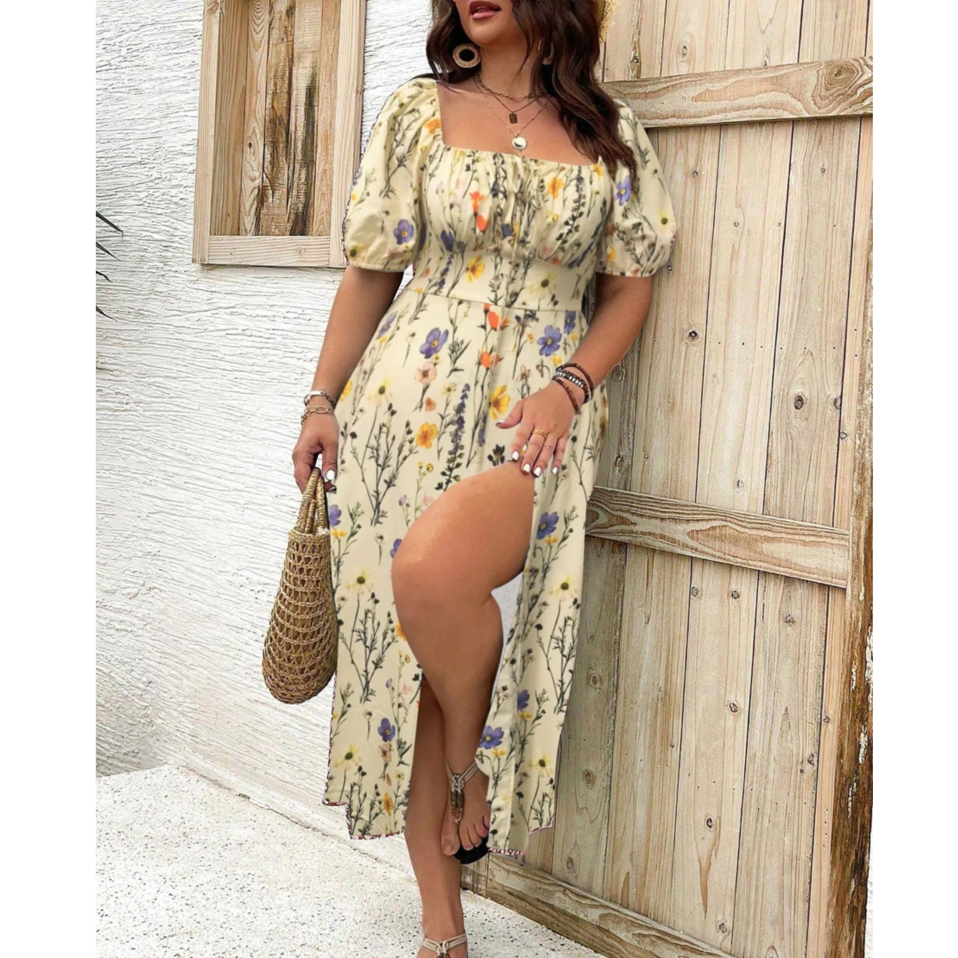 Floral Puff Sleeve Maxi Dress - Apricot