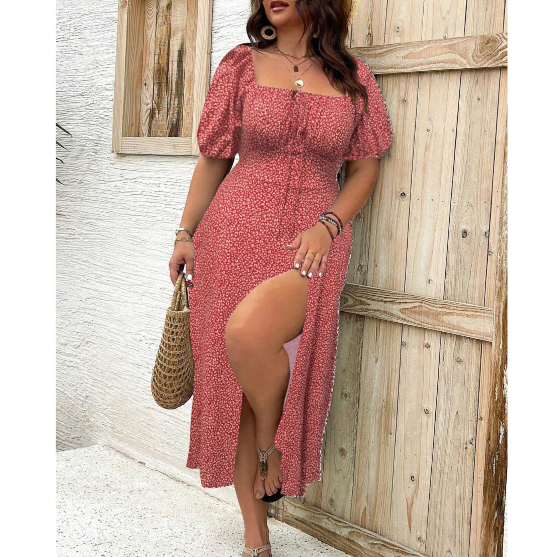 Floral Puff Sleeve Maxi Dress - Red