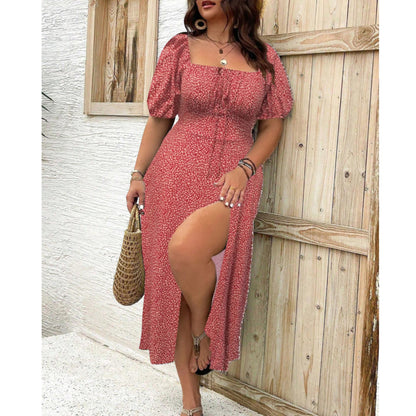 Floral Puff Sleeve Maxi Dress - Red