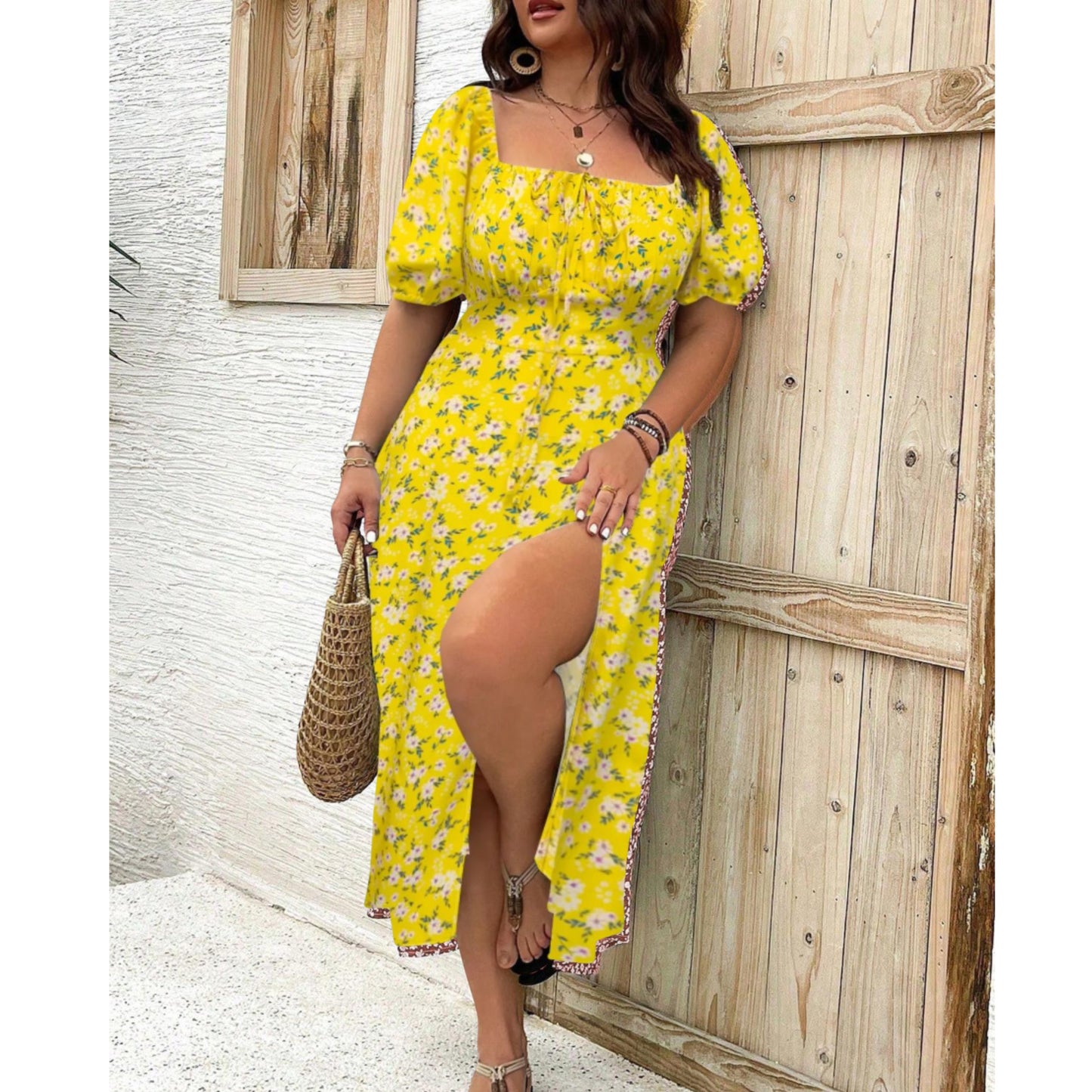 Floral Puff Sleeve Maxi Dress - Yellow