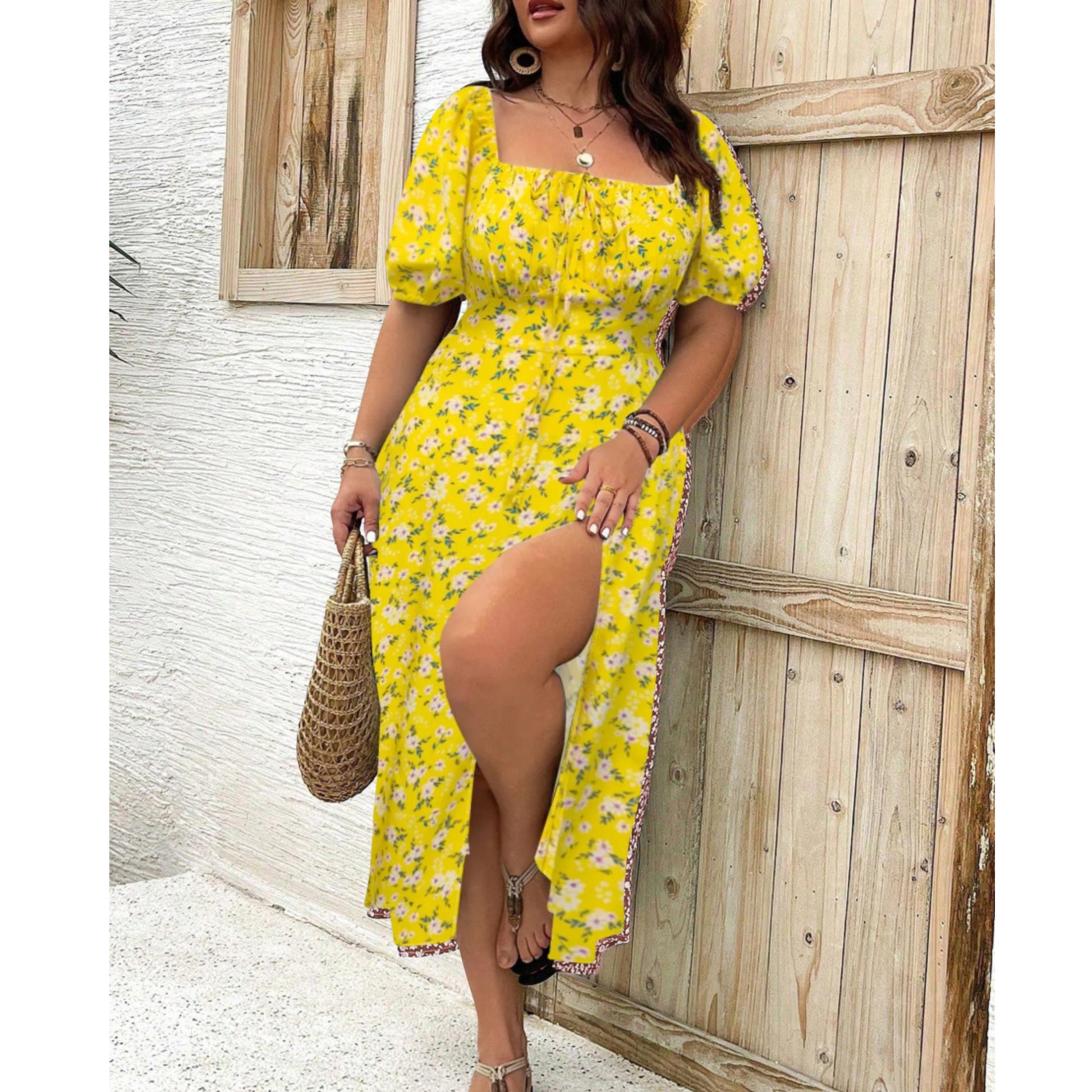 Floral Puff Sleeve Maxi Dress - Yellow