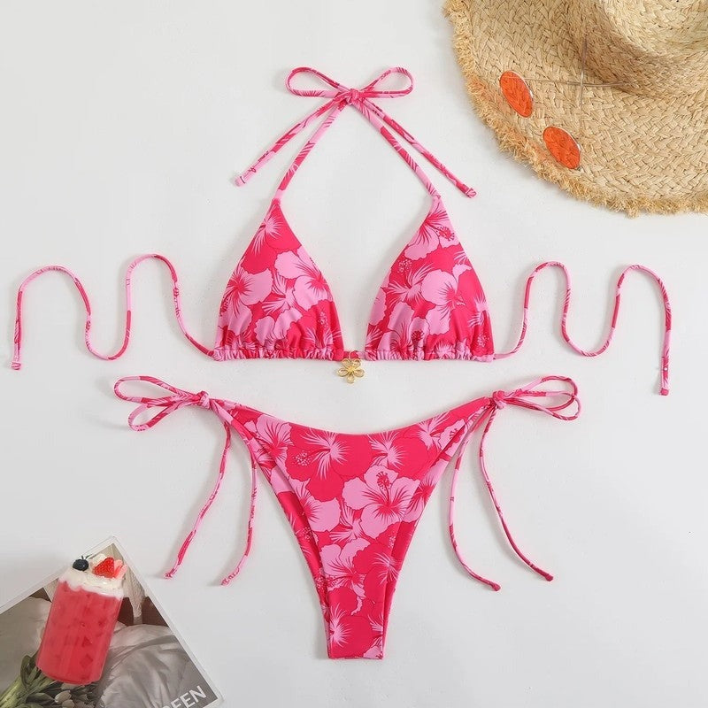 Floral Bikini 3 Piece Set - Hot Pink