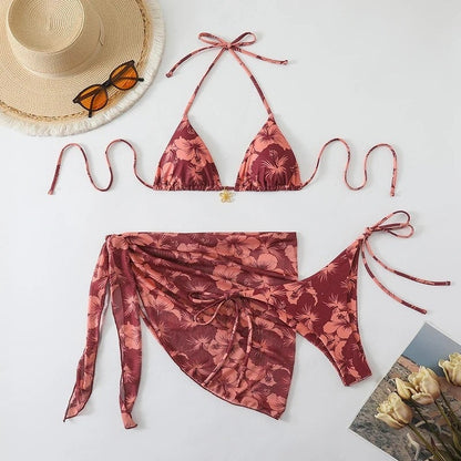 Floral Bikini 3 Piece Set - Burgundy