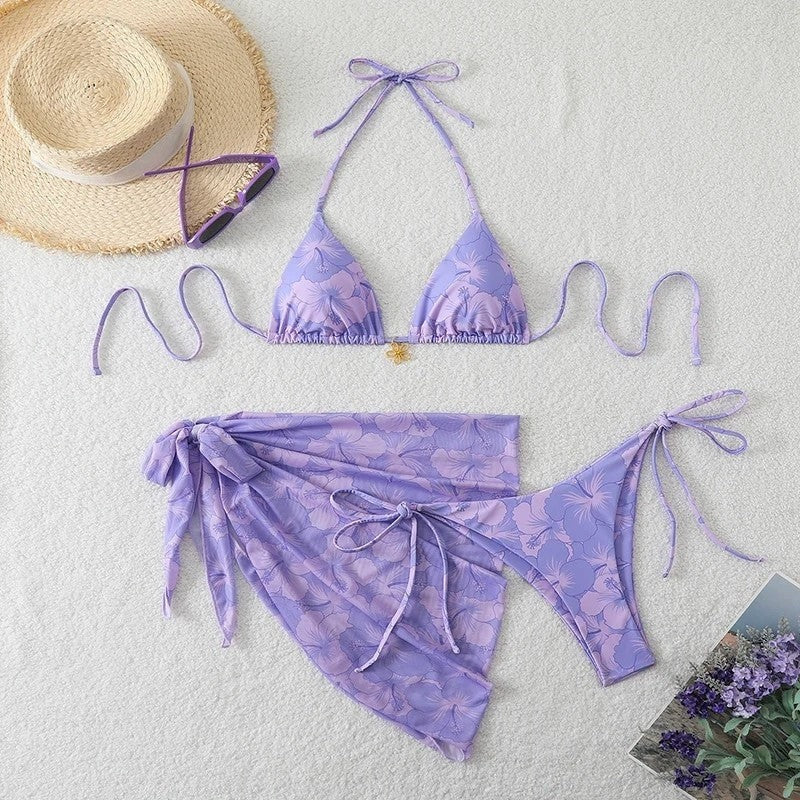 Floral Bikini 3 Piece Set - Lavender
