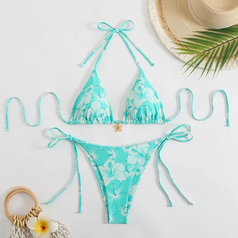 Floral Bikini 3 Piece Set - Aqua