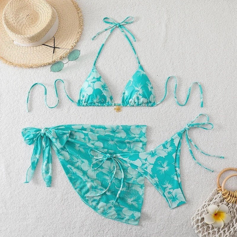 Floral Bikini 3 Piece Set - Turquoise