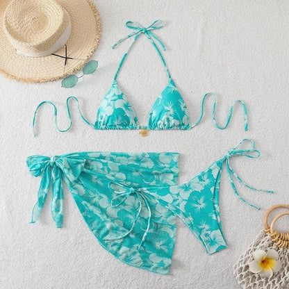Floral Bikini 3 Piece Set - Turquoise