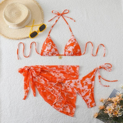 Floral Bikini 3 Piece Set - Coral