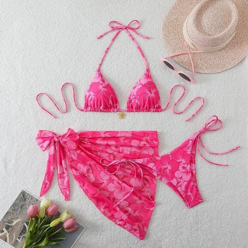 Floral Bikini 3 Piece Set - Fuchsia
