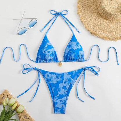Floral Bikini 3 Piece Set - Dark Blue