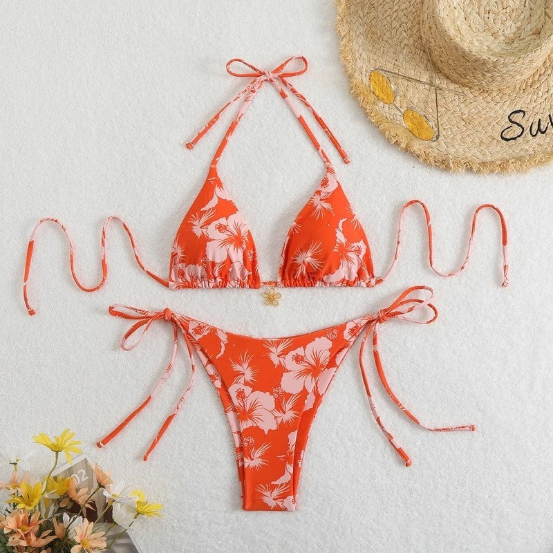 Floral Bikini 3 Piece Set - Tangerine