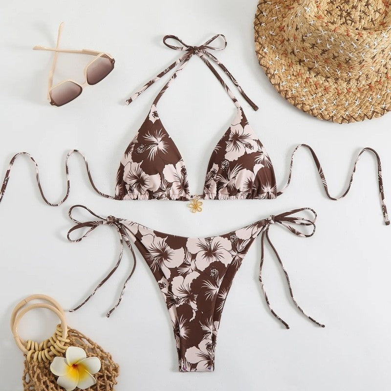 Floral Bikini 3 Piece Set - Mocha