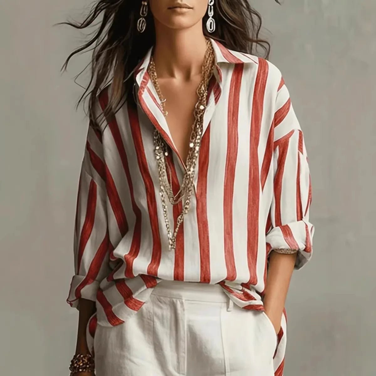 Women's Striped Oversized Blouse - Red