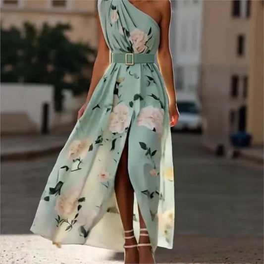 Floral One Shoulder Maxi Dress - Green