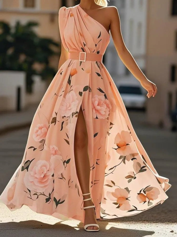 Floral One Shoulder Maxi Dress - Pink