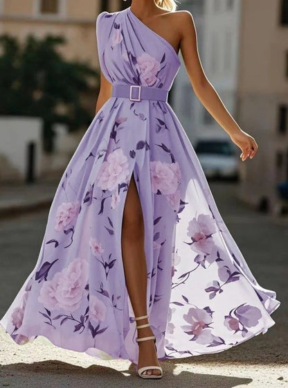 Floral One Shoulder Maxi Dress - Purple