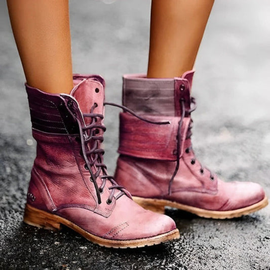 Lace Up Combat Boots - Red