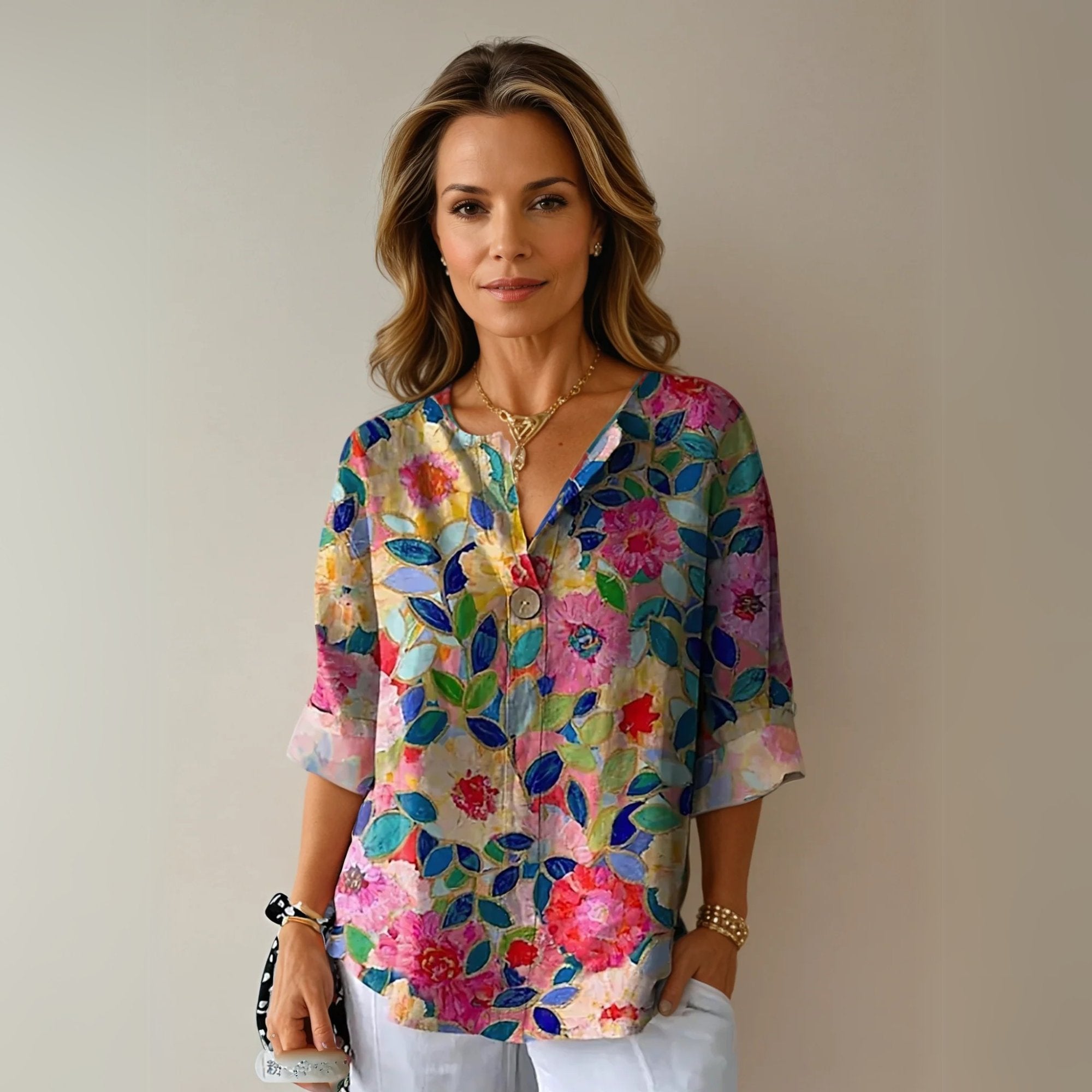 Women's Floral V-Neck Tunic - Blue - Pink - Red