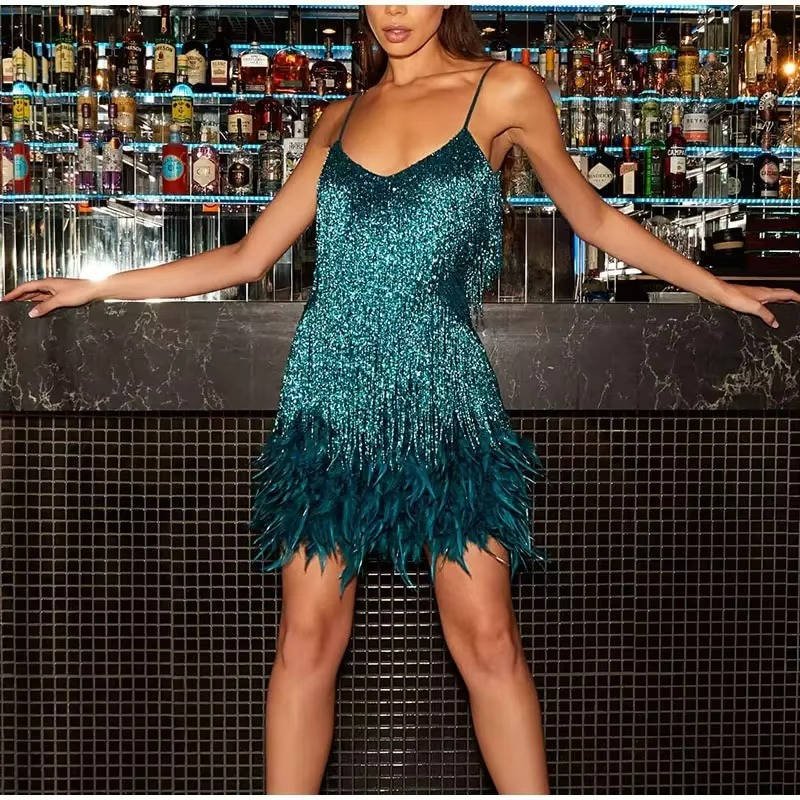 Women's Fringe Mini Dress - Green