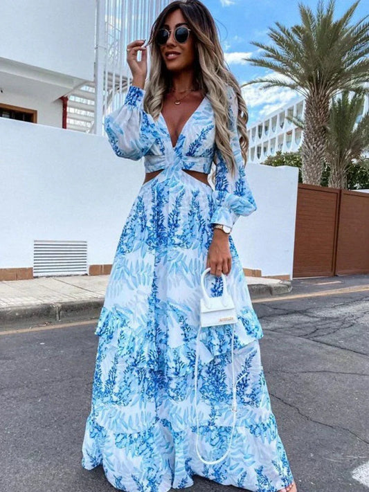 Tropical Print Maxi Dress - Blue