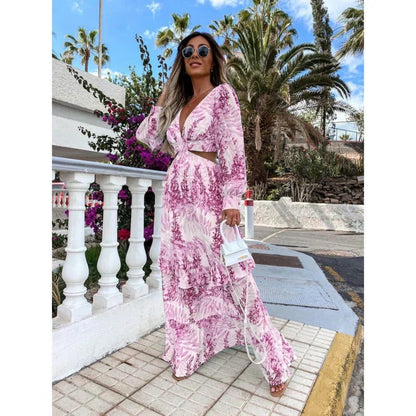 Tropical Print Maxi Dress - Purple