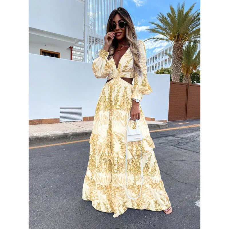 Tropical Print Maxi Dress - Yellow
