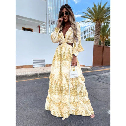 Tropical Print Maxi Dress - Yellow