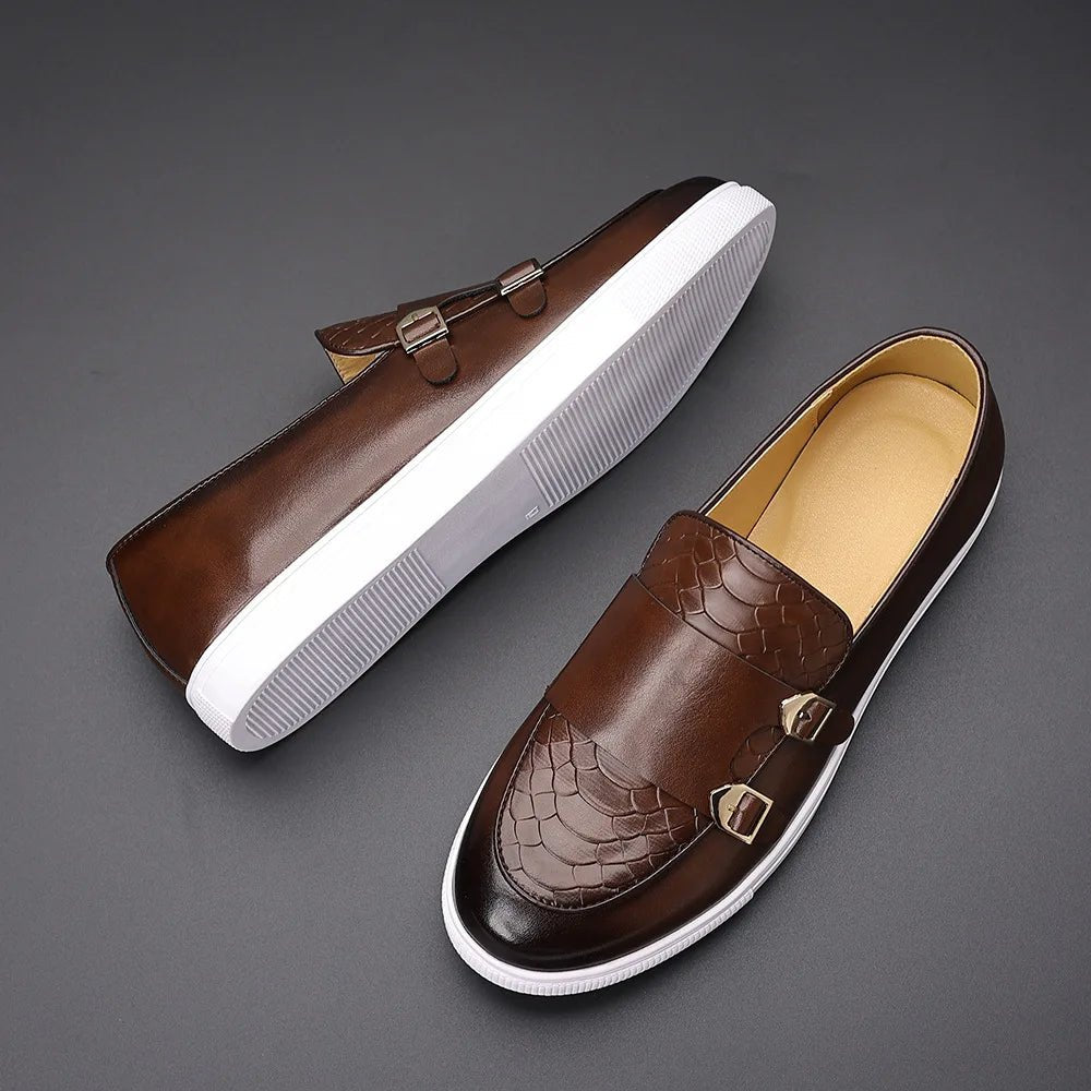 Men's Faux Leather Monk Strap Loafers - Brown