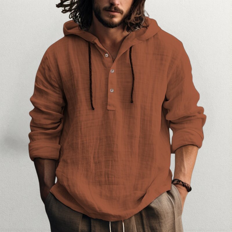 Men's Linen Blend Hooded Henley - Dark Orange