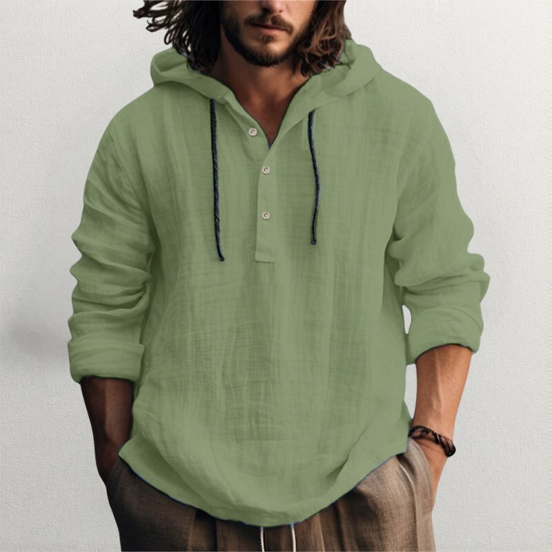 Men's Linen Blend Hooded Henley - Light Green