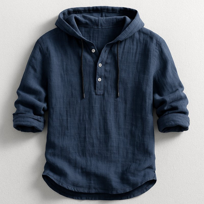 Men's Linen Blend Hooded Henley - Navy Blue