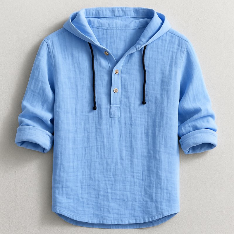 Men's Linen Blend Hooded Henley - Blue