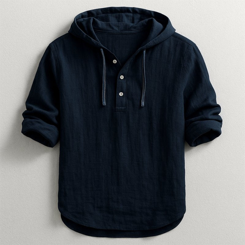 Men's Linen Blend Hooded Henley - Black