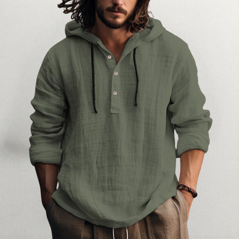 Men's Linen Blend Hooded Henley - Dark Green