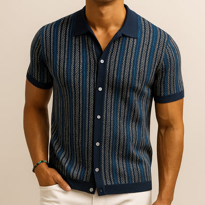 Striped Knit Polo Shirt - Navy